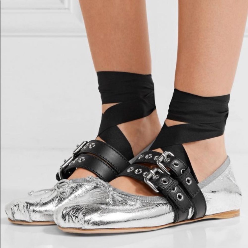 Miu Miu Silver ballerina lace up flats